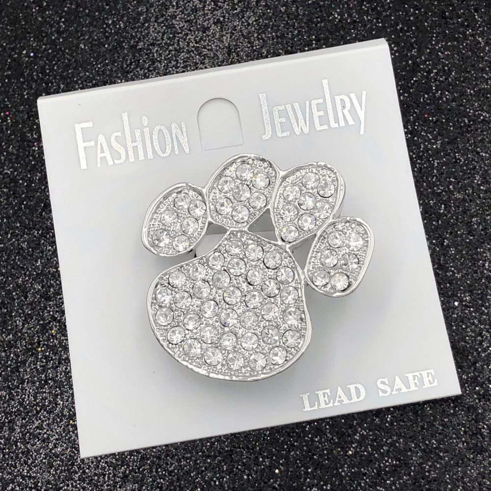 Silver Rhinestone Paw Print Brooch or Pendant